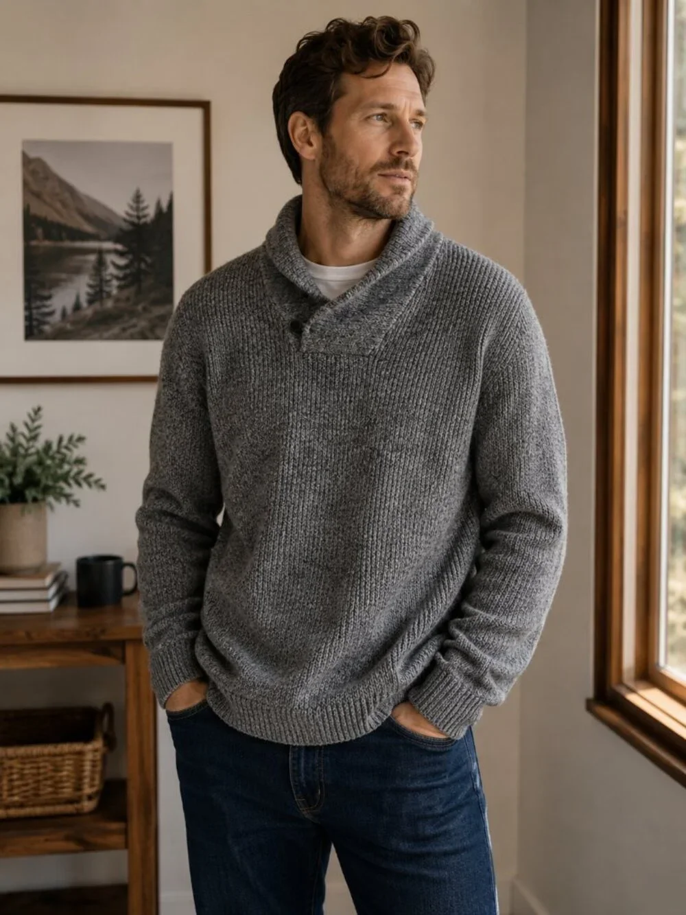 Old Navy Gray Shawl Collar Sweater XXL Chunky Knit Classic Casual Pullover